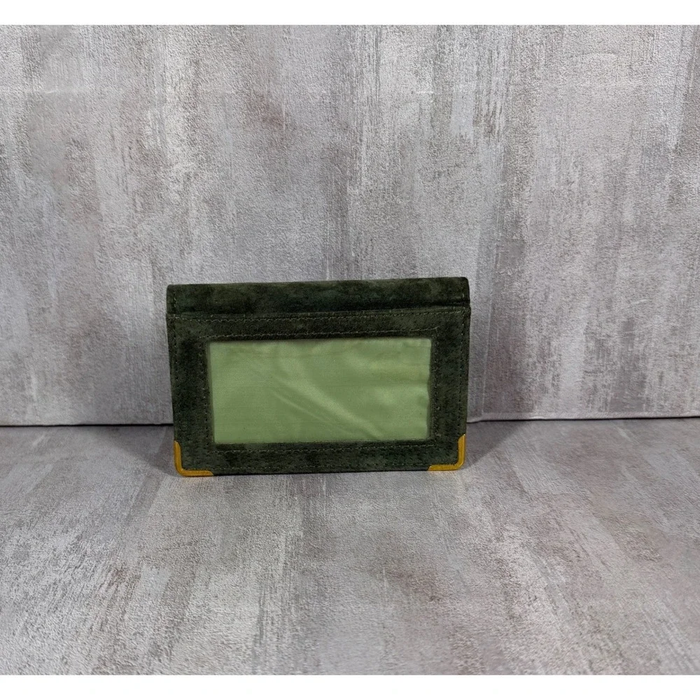 English Leather Green Suede Zip Around Card Holder Wallet Gold Corners Vintage